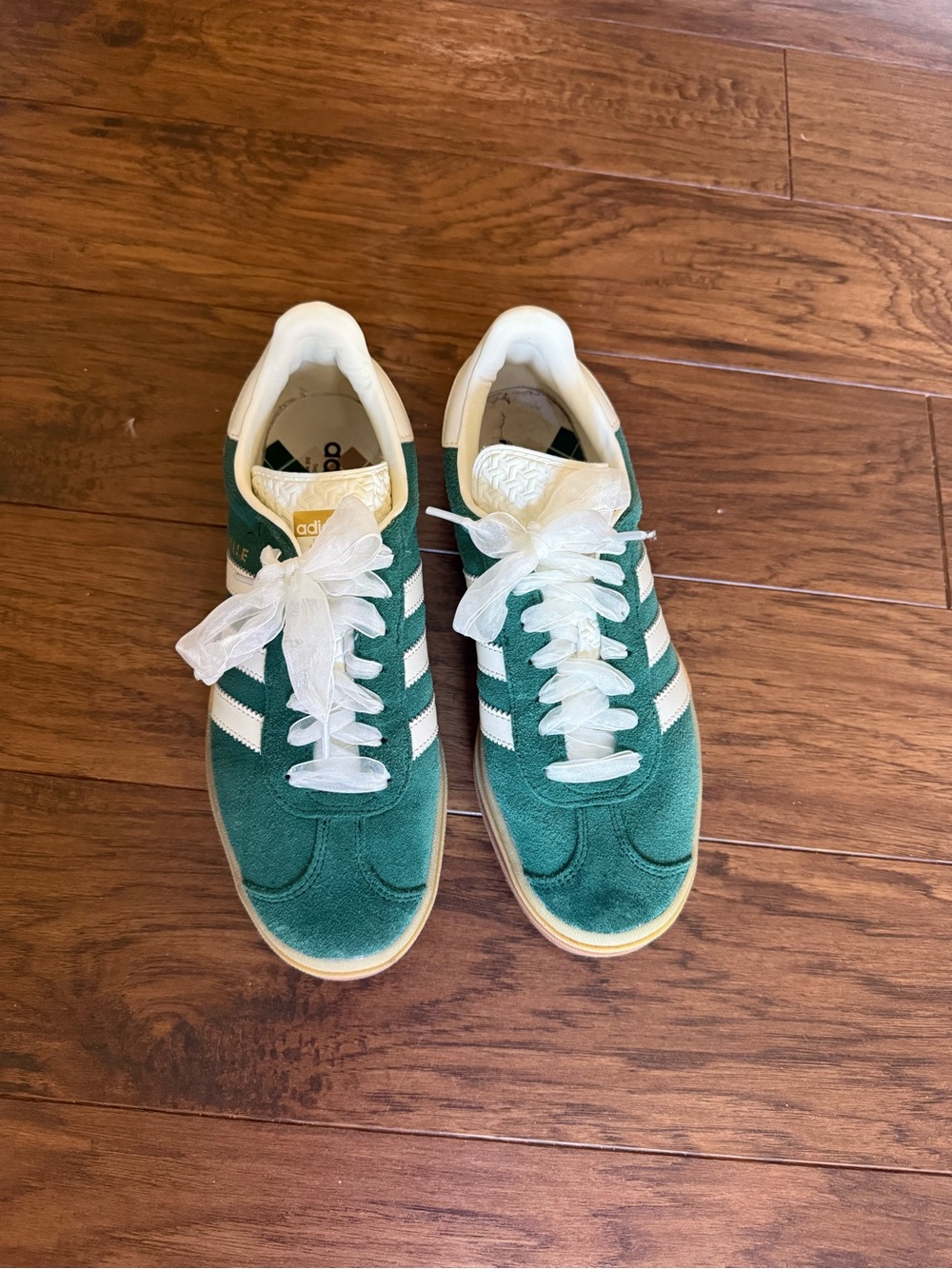 adidas Green Suede Sneakers with White Stripes and cute laces